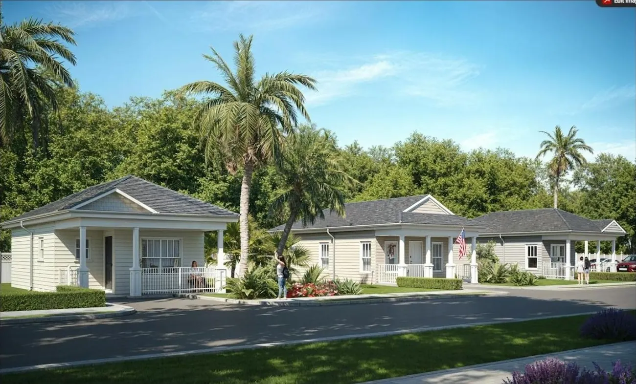 Single-story homes with front porches and palm trees on a quiet suburban street